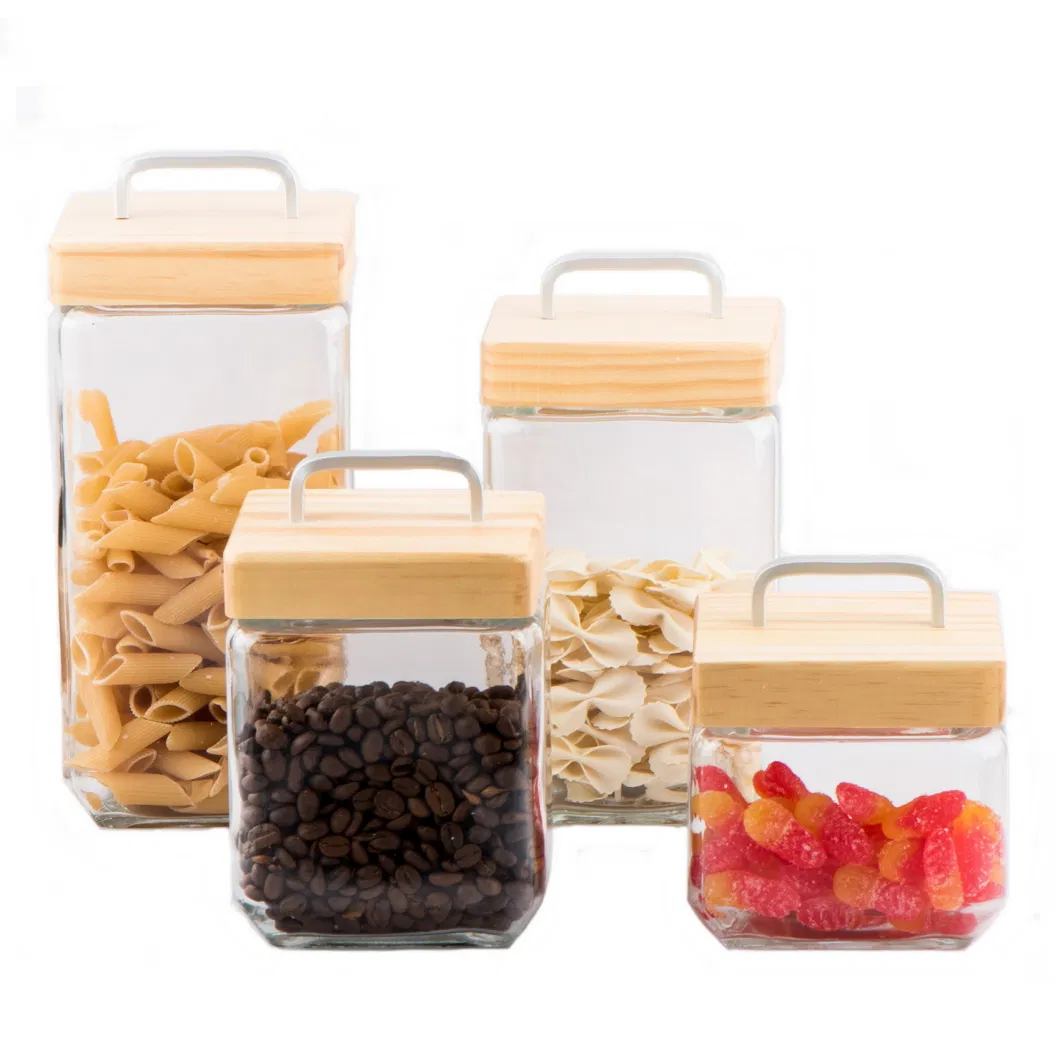 Square Glass Jar/Glass Storage Jar/Glass Food Canister/Glassware/Glass Bottle with Square Wooden Lid